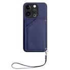 For iPhone 14 Pro Skin Feel Four Card Slots Phone Case with Wrist Strap(Blue) - 2