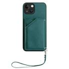 For iPhone 15 Skin Feel Four Card Slots Phone Case with Wrist Strap(Green) - 2