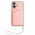 For iPhone 16 Skin Feel Four Card Slots Phone Case with Wrist Strap(Pink) - 2