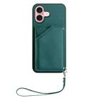 For iPhone 16 Skin Feel Four Card Slots Phone Case with Wrist Strap(Green) - 2