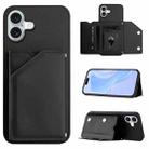 For iPhone 16 Plus Skin Feel Four Card Slots Phone Case with Wrist Strap(Black) - 1