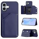 For iPhone 16 Plus Skin Feel Four Card Slots Phone Case with Wrist Strap(Blue) - 1