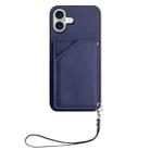 For iPhone 16 Plus Skin Feel Four Card Slots Phone Case with Wrist Strap(Blue) - 2