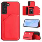 For Samsung Galaxy S22 5G Skin Feel Four Card Slots Phone Case with Wrist Strap(Red) - 1