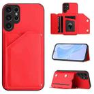 For Samsung Galaxy S23 Ultra 5G Skin Feel Four Card Slots Phone Case with Wrist Strap(Red) - 1