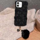 For iPhone 16 Plus W-texture Plush PU Hybrid PC Phone Case with Doll Keychain(Black) - 1