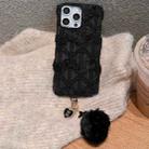 For iPhone 15 Pro Max W-texture Plush PU Hybrid PC Phone Case with Doll Keychain(Black) - 1