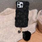 For iPhone 14 Pro Max W-texture Plush PU Hybrid PC Phone Case with Doll Keychain(Black) - 1