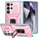For Samsung Galaxy S25 Ultra 5G Sliding Camshield Holder Phone Case(Pink + Grey Green) - 1