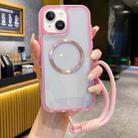 For iPhone 15 Plus Airbag 3 in 1 CD Texture MagSafe Phone Case with Strap(Pink) - 1