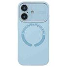 For iPhone 16 Plus Large Window Acrylic Glass Lens MagSafe Silicone Phone Case(Far Peak Blue) - 1