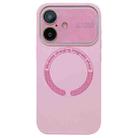 For iPhone 16 Large Window Acrylic Glass Lens MagSafe Silicone Phone Case(Rose Pink) - 1