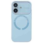 For iPhone 16 Large Window Acrylic Glass Lens MagSafe Silicone Phone Case(Far Peak Blue) - 1