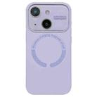 For iPhone 14 Large Window Acrylic Glass Lens MagSafe Silicone Phone Case(Lilac) - 1