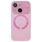 For iPhone 14 Large Window Acrylic Glass Lens MagSafe Silicone Phone Case(Rose Pink) - 1