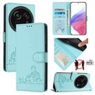 For Sharp Aquos R9 Pro Cat Rat Embossed Pattern RFID Leather Phone Case with Lanyard(Mint Green) - 1