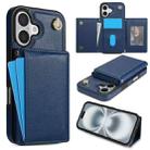 For iPhone 16 Three Fold Card Bag Phone Case with Long Lanyard(Blue) - 1