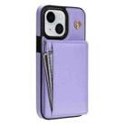 For iPhone 14 Three Fold Card Bag Phone Case with Long Lanyard(Purple) - 3