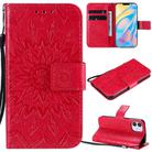 For iPhone 12 mini Pressed Printing Sunflower Pattern Horizontal Flip PU Leather Case Holder & Card Slots & Wallet & Lanyard(Red) - 1