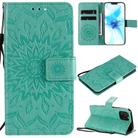 For iPhone 12 / 12 Pro Pressed Printing Sunflower Pattern Horizontal Flip PU Leather Case Holder & Card Slots & Wallet & Lanyard(Green) - 1