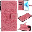 For iPhone 12 / 12 Pro Pressed Printing Sunflower Pattern Horizontal Flip PU Leather Case Holder & Card Slots & Wallet & Lanyard(Pink) - 1