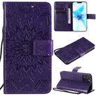 For iPhone 12 / 12 Pro Pressed Printing Sunflower Pattern Horizontal Flip PU Leather Case Holder & Card Slots & Wallet & Lanyard(Purple) - 1