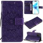 For iPhone 12 / 12 Pro Pressed Printing Sunflower Pattern Horizontal Flip PU Leather Case Holder & Card Slots & Wallet & Lanyard(Purple) - 1