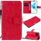 For iPhone 12 / 12 Pro Pressed Printing Sunflower Pattern Horizontal Flip PU Leather Case Holder & Card Slots & Wallet & Lanyard(Red) - 1