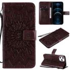 For iPhone 12 Pro Max Pressed Printing Sunflower Pattern Horizontal Flip PU Leather Case Holder & Card Slots & Wallet & Lanyard(Brown) - 1