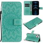 For iPhone 12 Pro Max Pressed Printing Sunflower Pattern Horizontal Flip PU Leather Case Holder & Card Slots & Wallet & Lanyard(Green) - 1