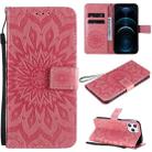 For iPhone 12 Pro Max Pressed Printing Sunflower Pattern Horizontal Flip PU Leather Case Holder & Card Slots & Wallet & Lanyard(Pink) - 1