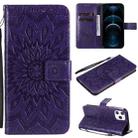 For iPhone 12 Pro Max Pressed Printing Sunflower Pattern Horizontal Flip PU Leather Case Holder & Card Slots & Wallet & Lanyard(Purple) - 1