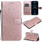 For iPhone 12 Pro Max Pressed Printing Sunflower Pattern Horizontal Flip PU Leather Case Holder & Card Slots & Wallet & Lanyard(Rose Gold) - 1