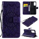 For Huawei Honor X10 Pressed Printing Sunflower Pattern Horizontal Flip PU Leather Case Holder & Card Slots & Wallet & Lanyard(Purple) - 1