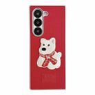 For Samsung Galaxy Z Fold5 5G Skin Fee Litchi Pattern Scarf Embroidered Dog Phone Case(Red) - 1