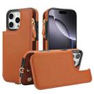 For iPhone 16 Pro Max Double Flap Zipper RFID Leather Phone Case with Short Lanyard(Brown) - 1