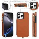 For iPhone 16 Pro Max Double Flap Zipper RFID Leather Phone Case with Short Lanyard(Brown) - 2