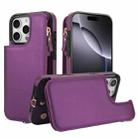 For iPhone 16 Pro Double Flap Zipper RFID Leather Phone Case with Short Lanyard(Dark Purple) - 1