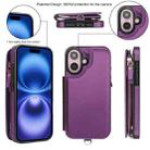 For iPhone 16 Plus Double Flap Zipper RFID Leather Phone Case with Short Lanyard(Dark Purple) - 2