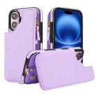 For iPhone 16 Plus Double Flap Zipper RFID Leather Phone Case with Short Lanyard(Light Purple) - 1