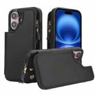For iPhone 16 Double Flap Zipper RFID Leather Phone Case with Short Lanyard(Black) - 1