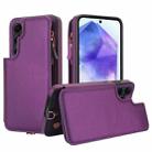 For Samsung Galaxy S24 FE 5G Double Flap Zipper RFID Leather Phone Case with Short Lanyard(Dark Purple) - 1