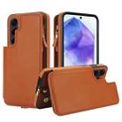 For Samsung Galaxy S24 FE 5G Double Flap Zipper RFID Leather Phone Case with Short Lanyard(Brown) - 1
