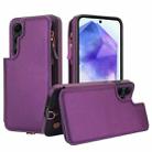 For Samsung Galaxy S24 5G Double Flap Zipper RFID Leather Phone Case with Short Lanyard(Dark Purple) - 1