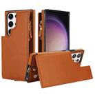 For Samsung Galaxy S23 Ultra 5G Double Flap Zipper RFID Leather Phone Case with Short Lanyard(Brown) - 1