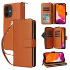 For iPhone 12 / 12 Pro Nine-card Slots Zipper Wallet Bag Leather Phone Case(Brown) - 1