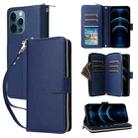 For iPhone 12 Pro Max Nine-card Slots Zipper Wallet Bag Leather Phone Case(Blue) - 1