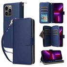 For iPhone 13 Pro Nine-card Slots Zipper Wallet Bag Leather Phone Case(Blue) - 1