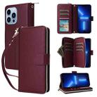 For iPhone 13 Pro Max Nine-card Slots Zipper Wallet Bag Leather Phone Case(Wine Red) - 1