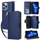 For iPhone 13 Pro Max Nine-card Slots Zipper Wallet Bag Leather Phone Case(Blue) - 1